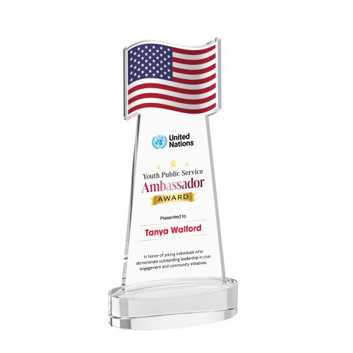 Awards and Trophies - Crystal Awards - Flag Full Color Clear on Alberton Base Unique Crystal Award