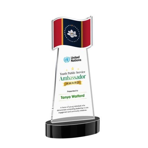 Awards and Trophies - Crystal Awards - Flag Full Color Black on Alberton Base Unique Crystal Award