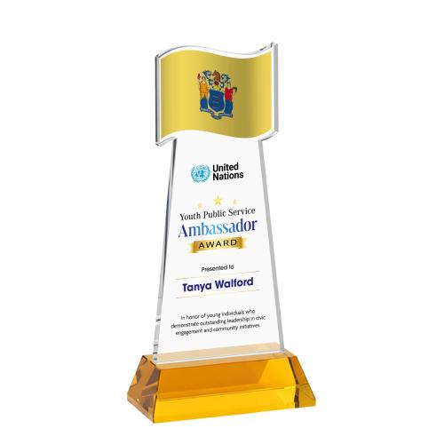 Awards and Trophies - Crystal Awards - Flag Full Color Amber on Hartford Base Unique Crystal Award