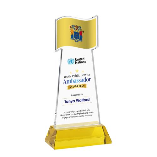Awards and Trophies - Crystal Awards - Flag Full Color Gold on Hartford Base Unique Crystal Award