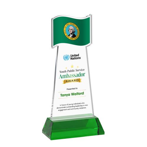 Awards and Trophies - Crystal Awards - Flag Full Color Green on Hartford Base Unique Crystal Award