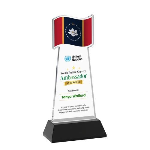 Awards and Trophies - Crystal Awards - Flag Full Color Black on Hartford Base Unique Crystal Award