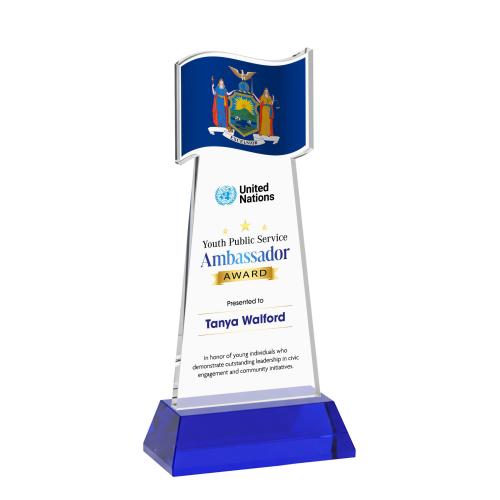 Awards and Trophies - Crystal Awards - Flag Full Color Blue on Hartford Base Unique Crystal Award