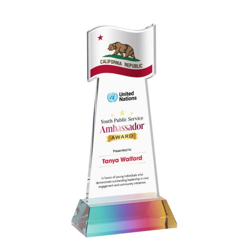 Awards and Trophies - Crystal Awards - Flag Full Color Prismatic on Hartford Base Unique Crystal Award
