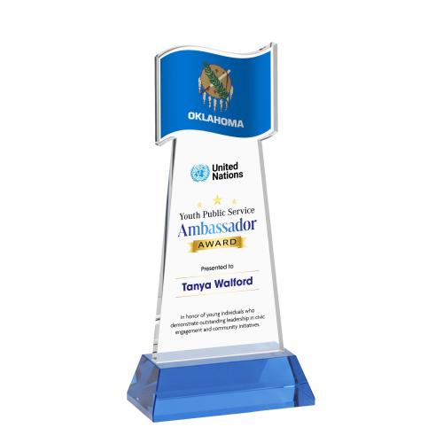 Awards and Trophies - Crystal Awards - Flag Full Color Sky Blue on Hartford Base Unique Crystal Award