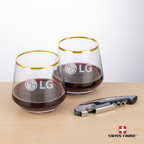 Corporate Gifts - Barware - Gift Sets - Swiss Force&reg; Opener & Tucson Gold Rim Stemless Wine