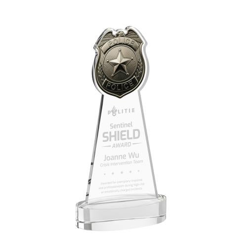 Awards and Trophies - Crystal Awards - Police Badge Clear on Alberton Base Unique Crystal Award