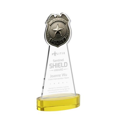 Awards and Trophies - Crystal Awards - Police Badge Gold on Alberton Base Unique Crystal Award