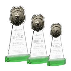 Police Badge Green on Alberton Base Unique Crystal Award - Colored Crystal Awards