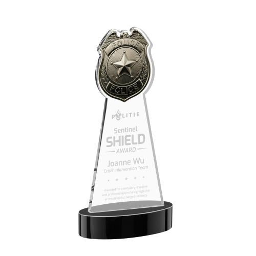 Awards and Trophies - Crystal Awards - Police Badge Black on Alberton Base Unique Crystal Award