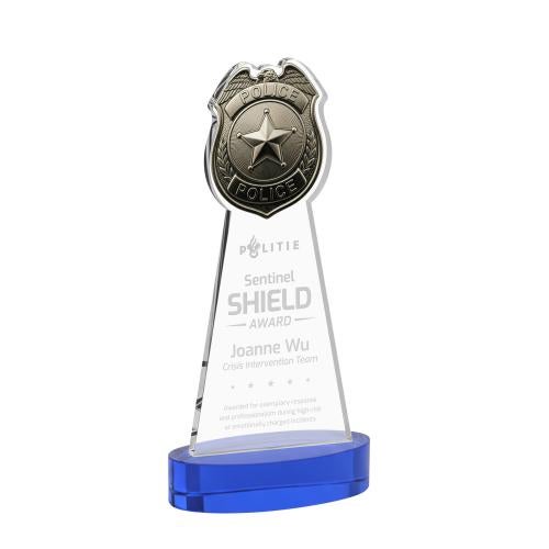 Awards and Trophies - Crystal Awards - Police Badge Blue on Alberton Base Unique Crystal Award