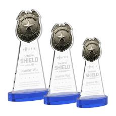Police Badge Blue on Alberton Base Unique Crystal Award - Colored Crystal Awards