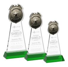 Police Badge Green on Hartford Base Unique Crystal Award - Colored Crystal Awards