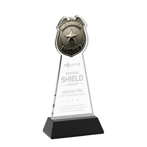 Awards and Trophies - Crystal Awards - Police Badge Black on Hartford Base Unique Crystal Award