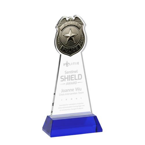 Awards and Trophies - Crystal Awards - Police Badge Blue on Hartford Base Unique Crystal Award