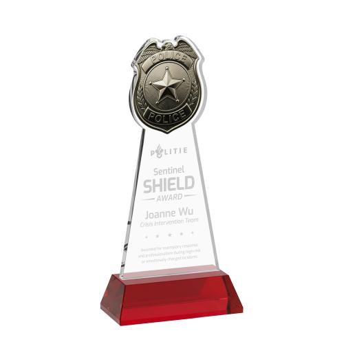 Awards and Trophies - Crystal Awards - Police Badge Red on Hartford Base Unique Crystal Award