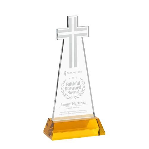 Awards and Trophies - Crystal Awards - Cross Amber on Hartford Base Unique Crystal Award