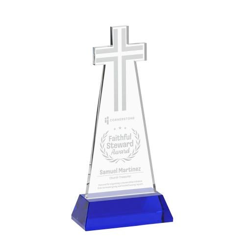 Awards and Trophies - Crystal Awards - Cross Blue on Hartford Base Unique Crystal Award