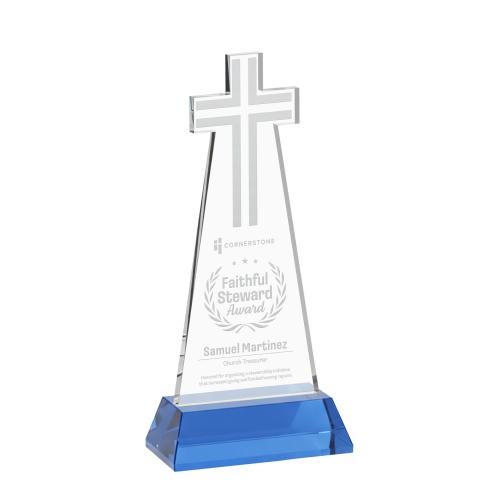 Awards and Trophies - Crystal Awards - Cross Sky Blue on Hartford Base Unique Crystal Award