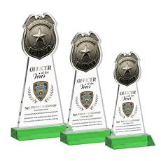Police Badge Full Color Green Unique Crystal Award - Full Color Imprint
