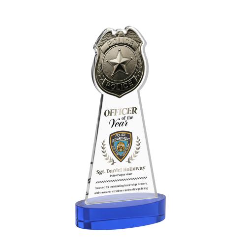 Awards and Trophies - Crystal Awards - Police Badge Full Color Blue on Alberton Base Unique Crystal Award