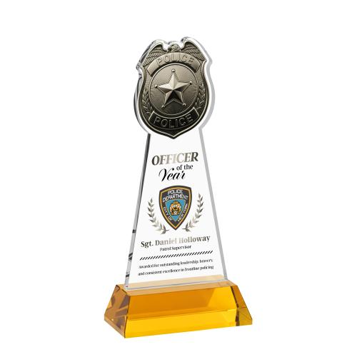 Awards and Trophies - Crystal Awards - Police Badge Full Color Amber on Hartford Base Unique Crystal Award