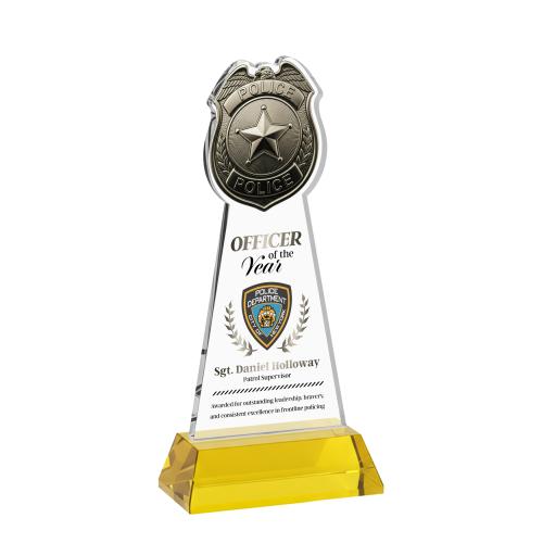 Awards and Trophies - Crystal Awards - Police Badge Full Color Gold on Hartford Base Unique Crystal Award