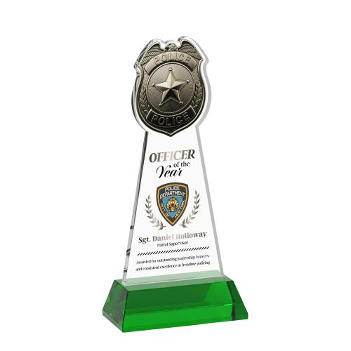 Awards and Trophies - Crystal Awards - Police Badge Full Color Green on Hartford Base Unique Crystal Award