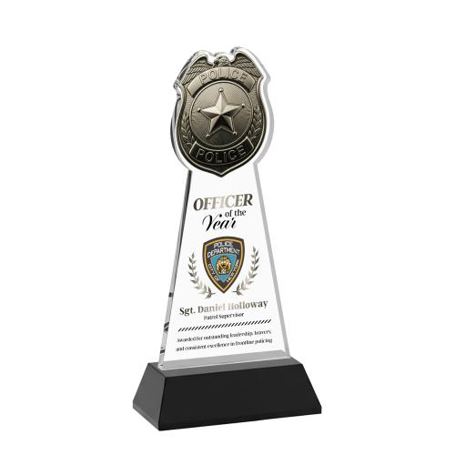 Awards and Trophies - Crystal Awards - Police Badge Full Color Black on Hartford Base Unique Crystal Award