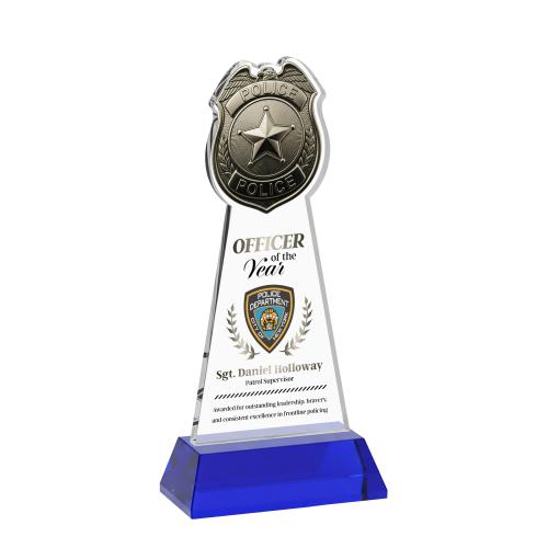 Awards and Trophies - Crystal Awards - Police Badge Full Color Blue on Hartford Base Unique Crystal Award