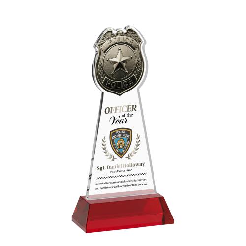 Awards and Trophies - Crystal Awards - Police Badge Full Color Red on Hartford Base Unique Crystal Award