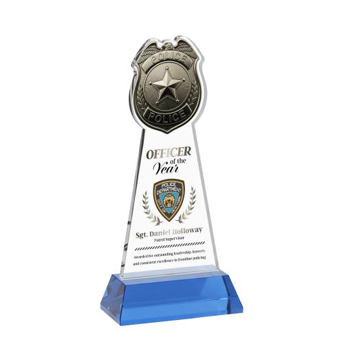 Awards and Trophies - Crystal Awards - Police Badge Full Color Sky Blue on Hartford Base Unique Crystal Award