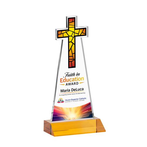 Awards and Trophies - Crystal Awards - Cross Full Color Amber Unique Crystal Award
