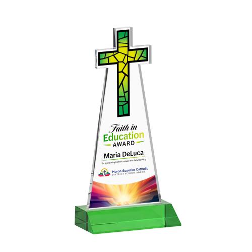 Awards and Trophies - Crystal Awards - Cross Full Color Green Unique Crystal Award