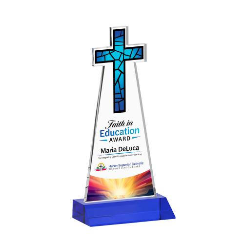 Awards and Trophies - Crystal Awards - Cross Full Color Blue Unique Crystal Award