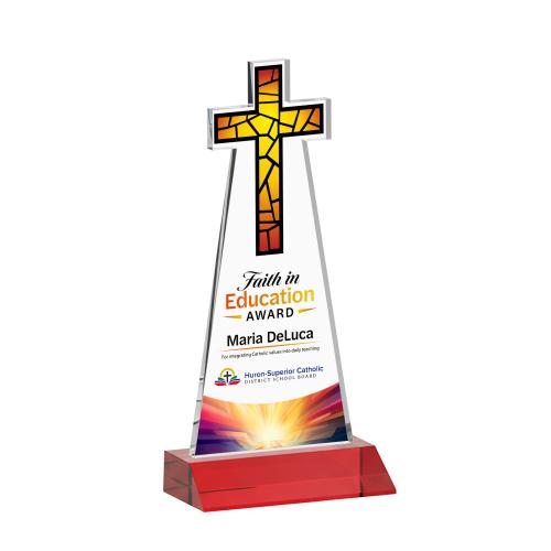 Awards and Trophies - Crystal Awards - Cross Full Color Red Unique Crystal Award