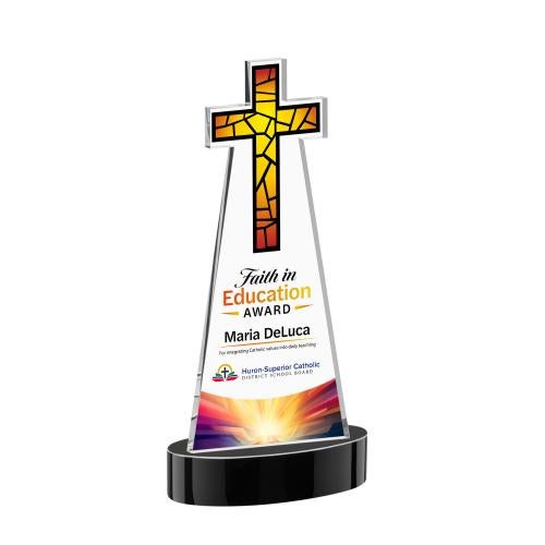 Awards and Trophies - Crystal Awards - Cross Full Color Black on Alberton Base Unique Crystal Award