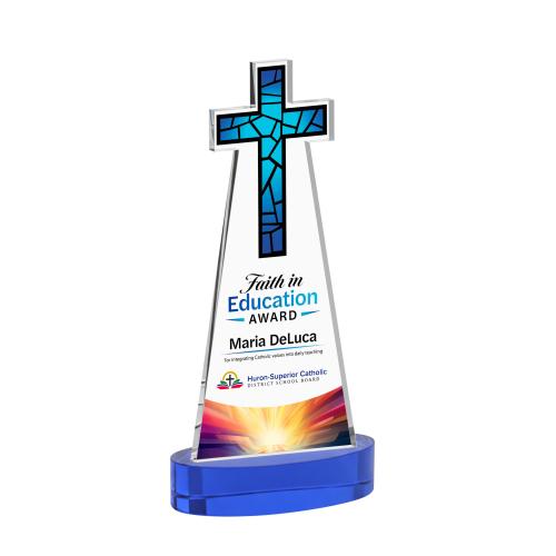 Awards and Trophies - Crystal Awards - Cross Full Color Blue on Alberton Base Unique Crystal Award