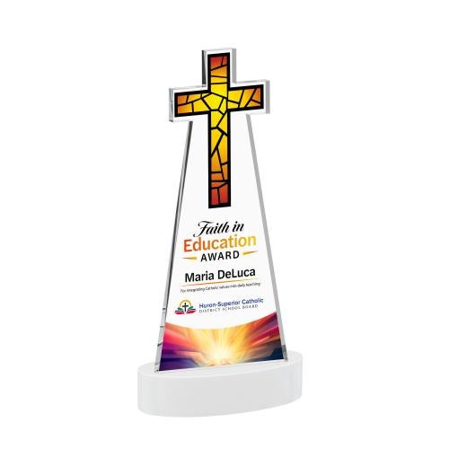 Awards and Trophies - Crystal Awards - Cross Full Color White on Alberton Base Unique Crystal Award