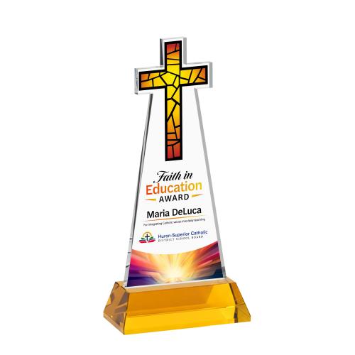 Awards and Trophies - Crystal Awards - Cross Full Color Amber on Hartford Base Unique Crystal Award