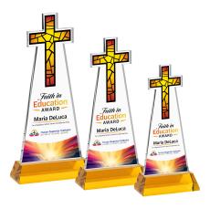 Cross Full Color Amber on Hartford Base Unique Crystal Award - Full Color Imprint