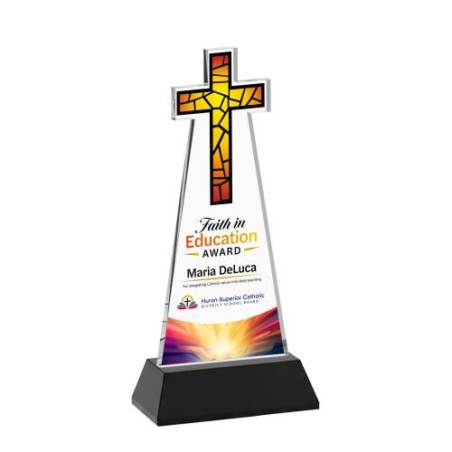 Awards and Trophies - Crystal Awards - Cross Full Color Black on Hartford Base Unique Crystal Award