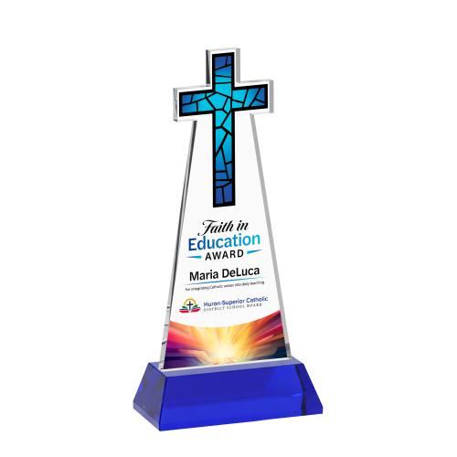 Awards and Trophies - Crystal Awards - Cross Full Color Blue on Hartford Base Unique Crystal Award