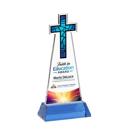 Awards and Trophies - Crystal Awards - Cross Full Color Sky Blue on Hartford Base Unique Crystal Award