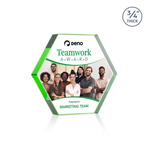 Awards and Trophies - Crystal Awards - Gilford Hexagon Full Color Emerald Polygon Crystal Award