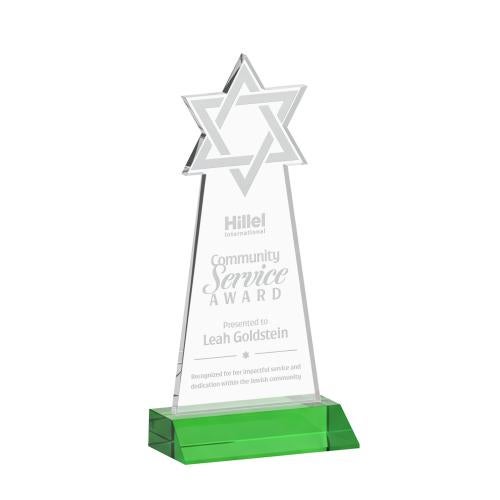 Awards and Trophies - Crystal Awards - Star of David Green Unique Crystal Award