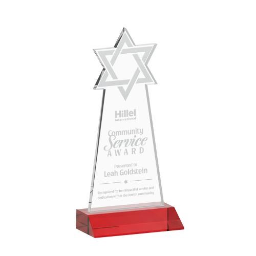 Awards and Trophies - Crystal Awards - Star of David Red Unique Crystal Award