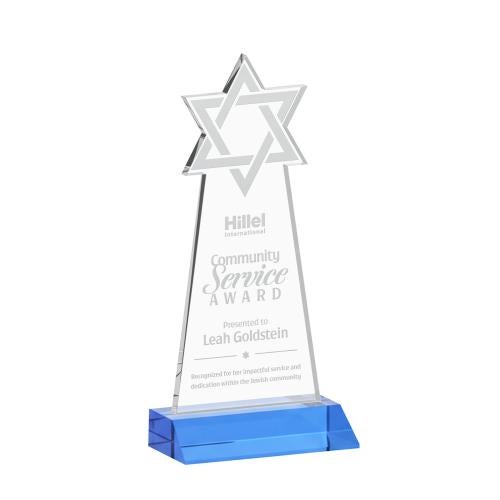 Awards and Trophies - Crystal Awards - Star of David Sky Blue Unique Crystal Award