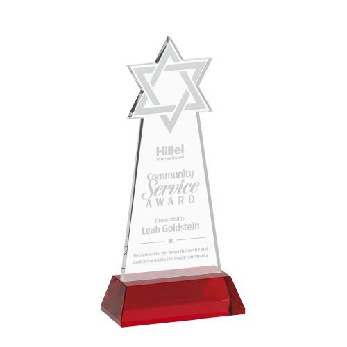 Awards and Trophies - Crystal Awards - Star of David Red on Hartford Base Unique Crystal Award