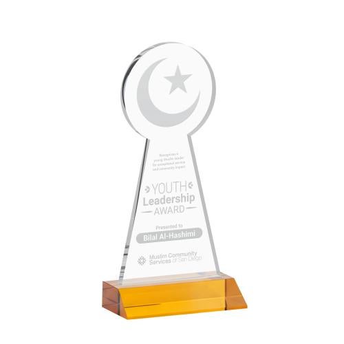 Awards and Trophies - Crystal Awards - Crescent & Star Amber Unique Crystal Award